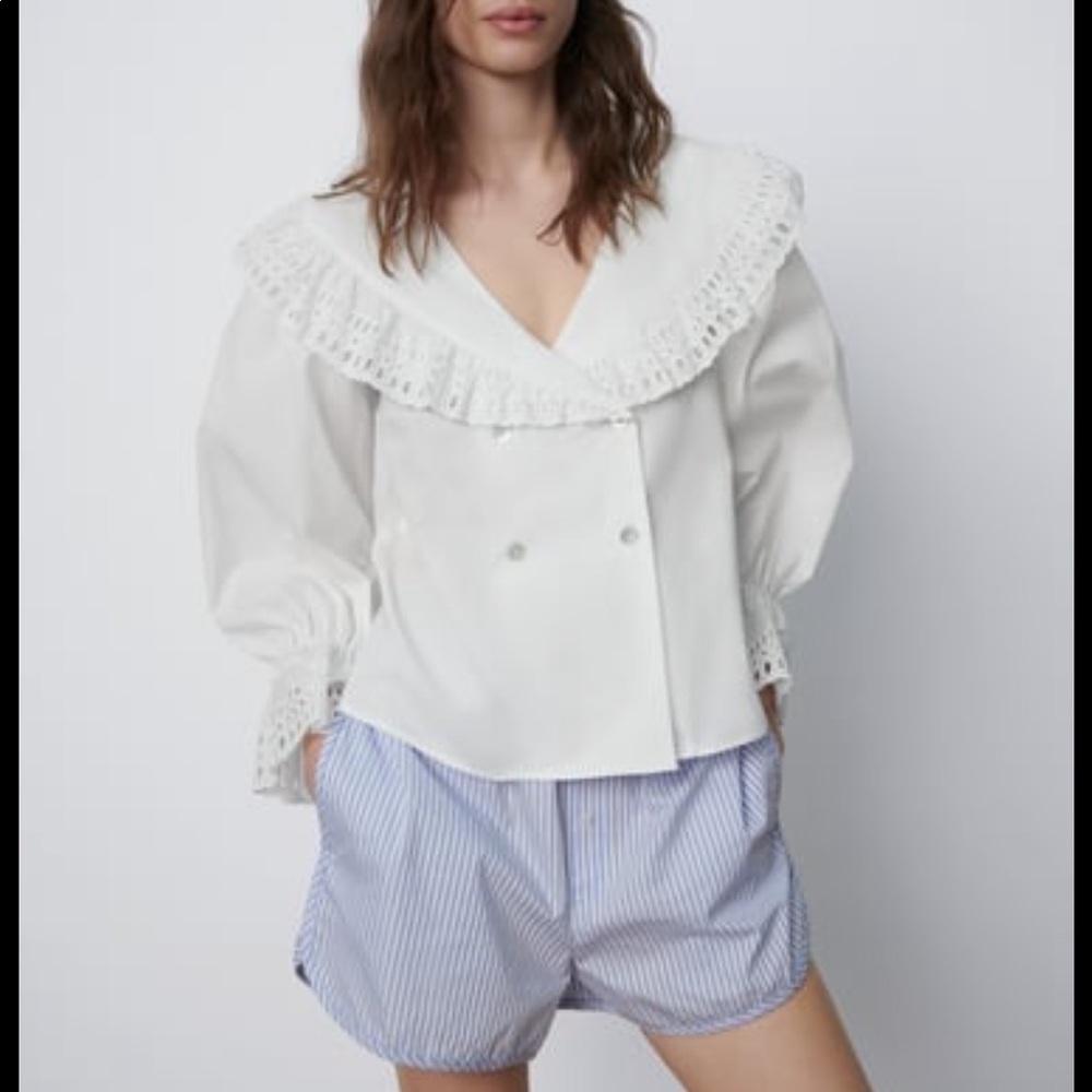 Zara White Poplin Collared Eyelet Blouse